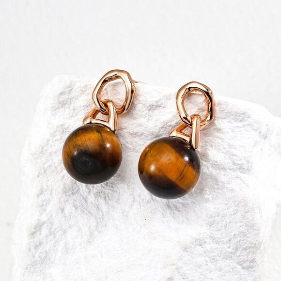 Minimalist Gold & Tiger's Eye Drop Earrings - Picture 3 of 10